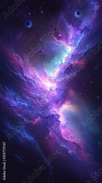 Fototapeta A vivid fantasy space illustration featuring a beautiful galaxy with planets, asteroids, and stars against a colorful nebula background, showcasing celestial scenes in deep space with vibrant purple, 