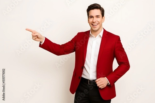 Fototapeta Confident Man in Red Blazer Giving Presentation on White Background