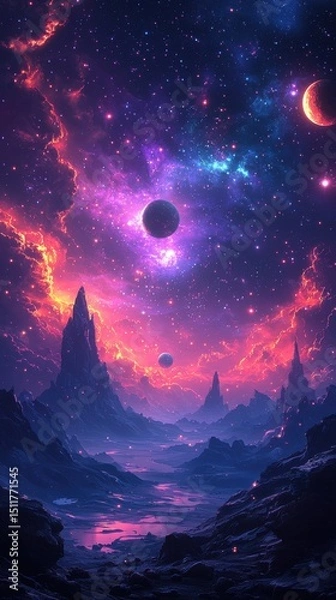 Fototapeta A vivid fantasy space illustration featuring a beautiful galaxy with planets, asteroids, and stars against a colorful nebula background, showcasing celestial scenes in deep space with vibrant purple, 