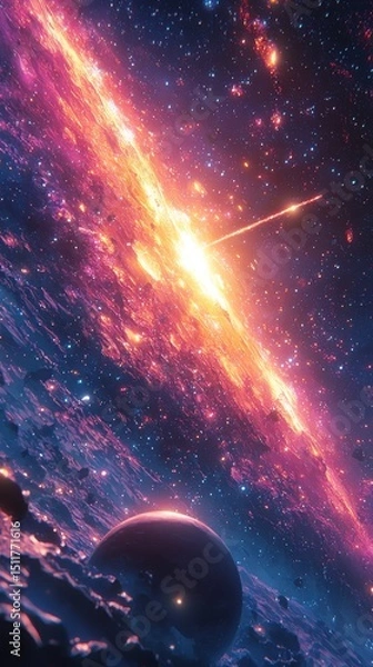 Fototapeta A vivid fantasy space illustration featuring a beautiful galaxy with planets, asteroids, and stars against a colorful nebula background, showcasing celestial scenes in deep space with vibrant purple, 