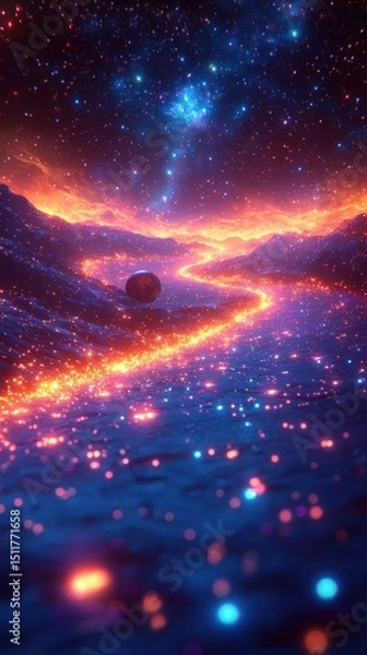 Fototapeta A vivid fantasy space illustration featuring a beautiful galaxy with planets, asteroids, and stars against a colorful nebula background, showcasing celestial scenes in deep space with vibrant purple, 