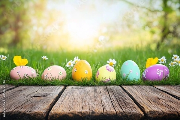 Fototapeta Easter day, wooden table on a background with eggs in the lawn on a sunny day
