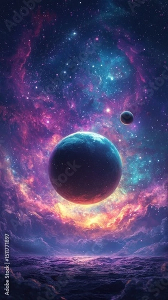Fototapeta A vivid fantasy space illustration featuring a beautiful galaxy with planets, asteroids, and stars against a colorful nebula background, showcasing celestial scenes in deep space with vibrant purple, 