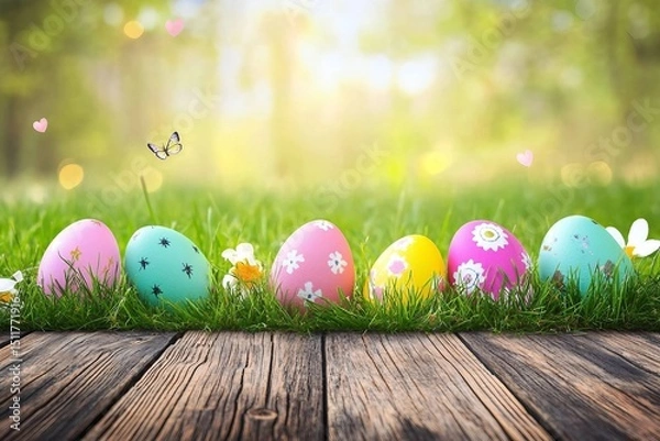 Fototapeta Easter day, wooden table on a background with eggs in the lawn on a sunny day