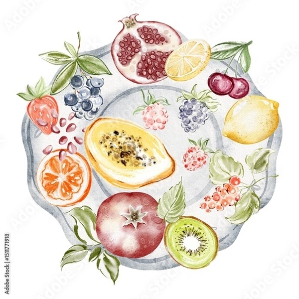 Fototapeta Watercolor illustration of assorted fruits and berries arranged on a plate. Includes blackberries, strawberries, kiwi, lemon, and pomegranate. Top view, isolated on white background.