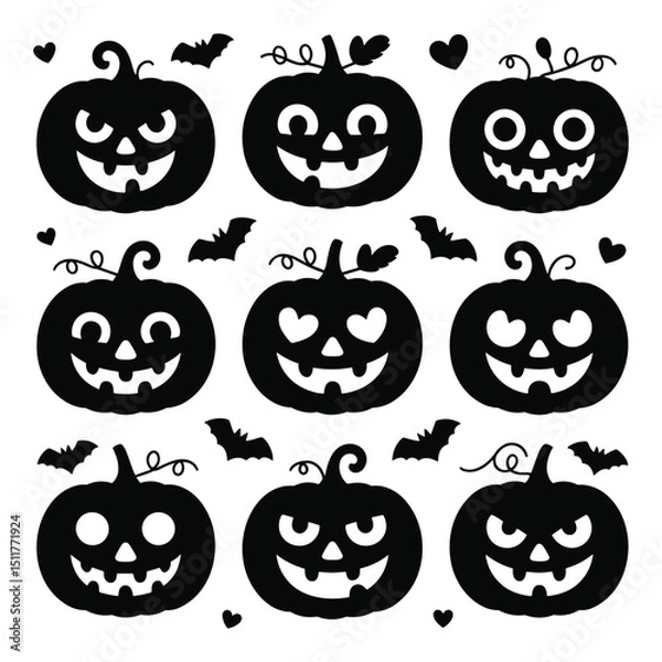Fototapeta This autumn holiday set features a vector illustration of scary and fun orange Halloween pumpkins with carved faces, perfect for spooky celebration designs