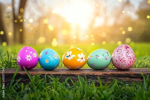 Fototapeta Easter day, wooden table on a background with eggs in the lawn on a sunny day