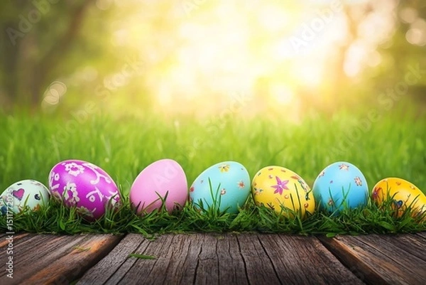 Fototapeta Easter day, wooden table on a background with eggs in the lawn on a sunny day