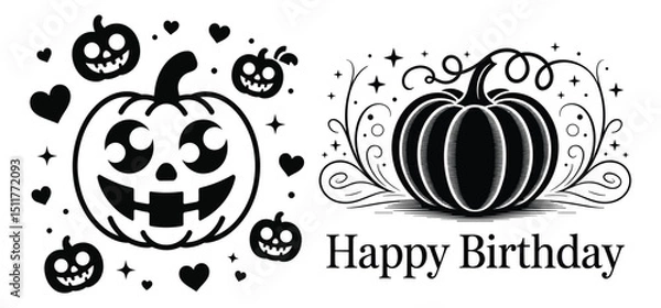 Fototapeta Black and white vector illustration of an abstract Halloween pattern with a spooky skull