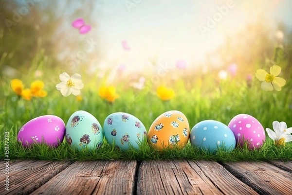 Fototapeta Easter day, wooden table on a background with eggs in the lawn on a sunny day
