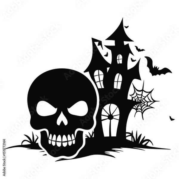 Fototapeta A spooky Halloween vector illustration shows a scary skull head with bones and bats in a night silhouette against a moonlit horror backdrop