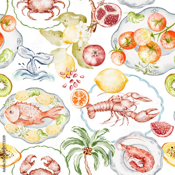 Fototapeta Seamless watercolor pattern featuring lemons, seafood, and coastal elements. Includes hand drawn crab, lobster, papaya, and Mediterranean motifs. Ideal for fabric, packaging, and textile design.