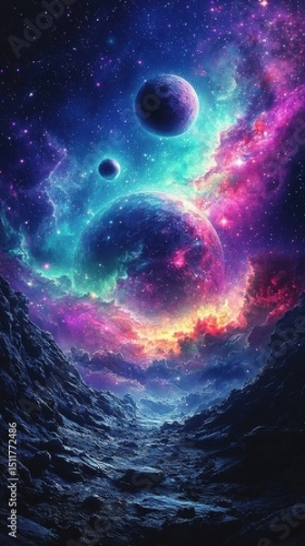 Fototapeta A vivid fantasy space illustration featuring a beautiful galaxy with planets, asteroids, and stars against a colorful nebula background, showcasing celestial scenes in deep space with vibrant purple, 