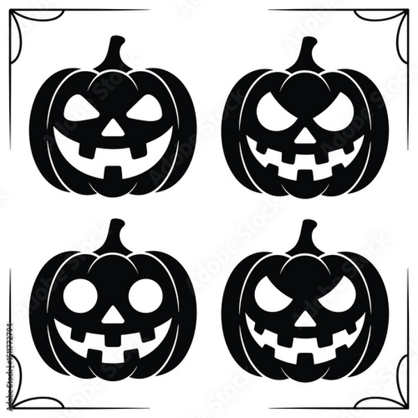 Fototapeta A spooky set of orange Halloween pumpkin icons with carved scary faces, perfect for autumn holiday and jack-o-lantern fun