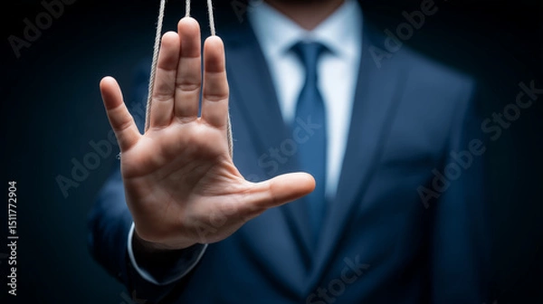 Fototapeta Businessman in suit holding up hand in stop gesture