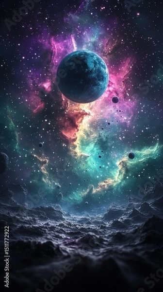 Fototapeta A vivid fantasy space illustration featuring a beautiful galaxy with planets, asteroids, and stars against a colorful nebula background, showcasing celestial scenes in deep space with vibrant purple, 