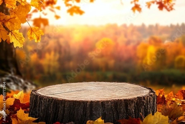 Fototapeta Beautiful autumn landscape with stump in the forest. Colorful foliage in the park. Falling leaves natural background. Mockup podium for product presentation.