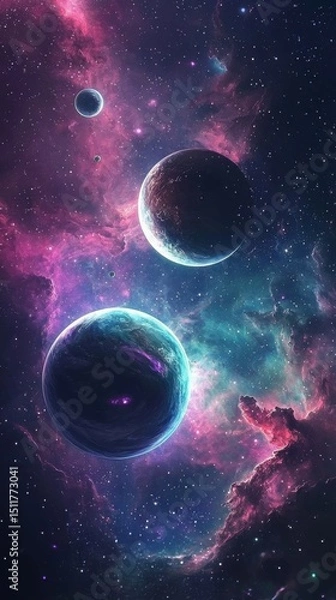 Fototapeta A vivid fantasy space illustration featuring a beautiful galaxy with planets, asteroids, and stars against a colorful nebula background, showcasing celestial scenes in deep space with vibrant purple, 