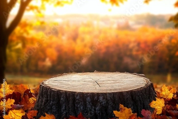 Fototapeta Beautiful autumn landscape with stump in the forest. Colorful foliage in the park. Falling leaves natural background. Mockup podium for product presentation.