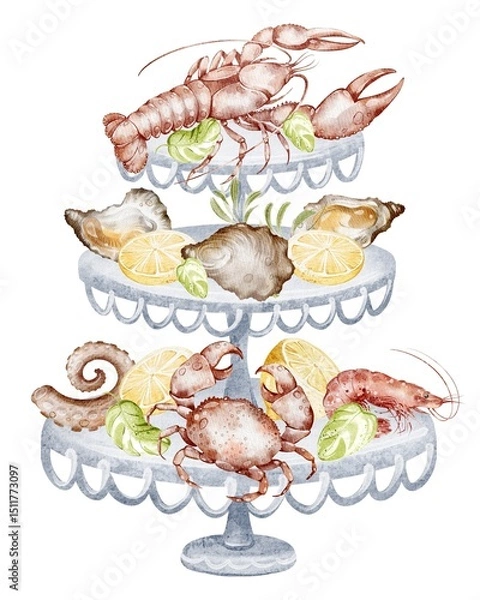 Fototapeta Hand drawn watercolor of a three-tiered stand with assorted seafood. Includes shrimp, lobster, mussels, squid, and lemon. Suitable for menus, restaurants, and seafood related designs.