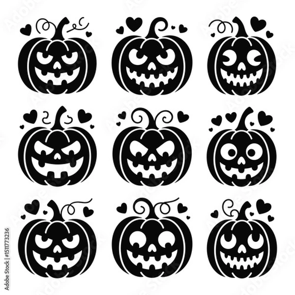 Fototapeta This vector illustration showcases a spooky set of orange Halloween pumpkins with scary carved faces in a seamless pattern, perfect for autumn holiday decoration