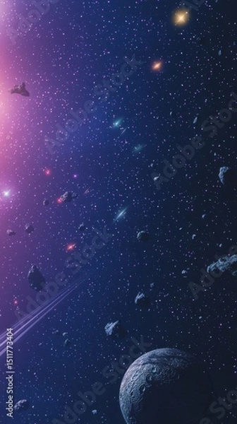 Fototapeta A vivid fantasy space illustration featuring a beautiful galaxy with planets, asteroids, and stars against a colorful nebula background, showcasing celestial scenes in deep space with vibrant purple, 