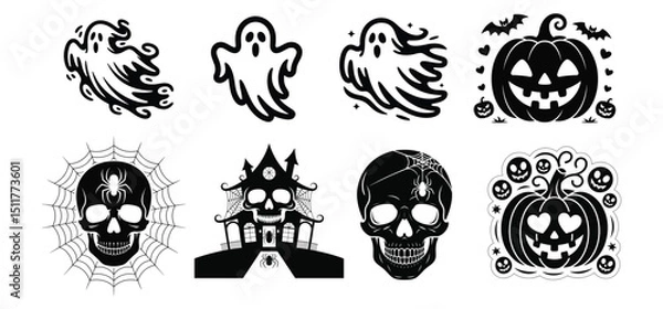 Fototapeta Black and white vector silhouettes of Halloween animals set with cat, skull, pumpkin, ghost, and leaf design elements for spooky decoration and art