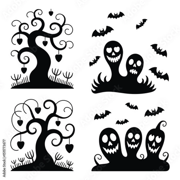 Fototapeta Black vector silhouettes set design with halloween icons and nature trees elements
