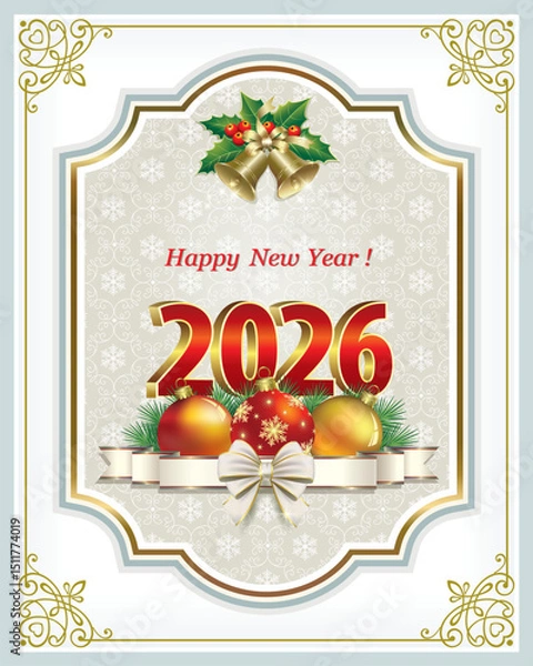 Obraz Happy New Year 2026. Greeting card with Christmas tree balls in figured frame with bells. Holiday background is decorated with fir branches, snowflakes, ribbon and bow. Vector illustration