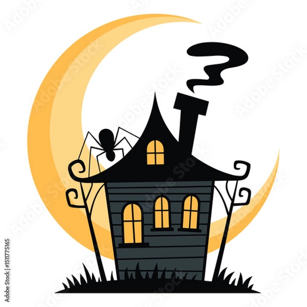 Fototapeta A spooky halloween night illustration shows a haunted house silhouette with bats under a dark sky with a full moon