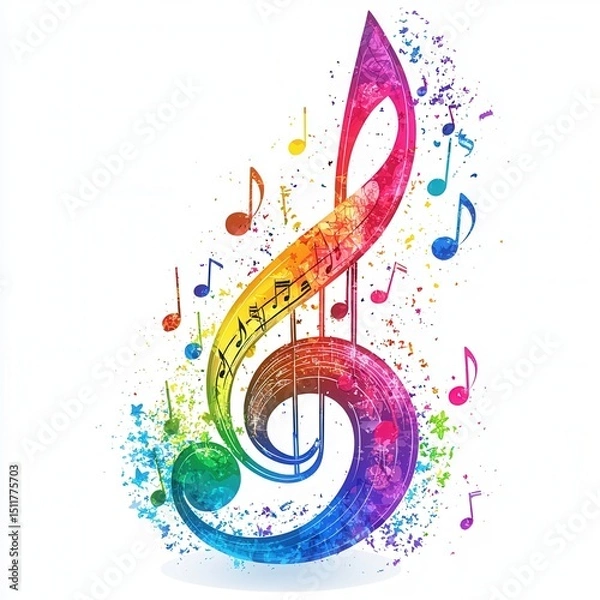 Fototapeta pride month concept, Colorful musical treble clef surrounded by floating notes and vibrant splashes.