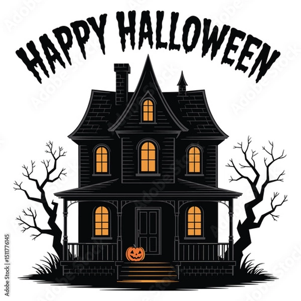 Fototapeta Spooky halloween house vector illustration shows a scary haunted home with bats under the night moon