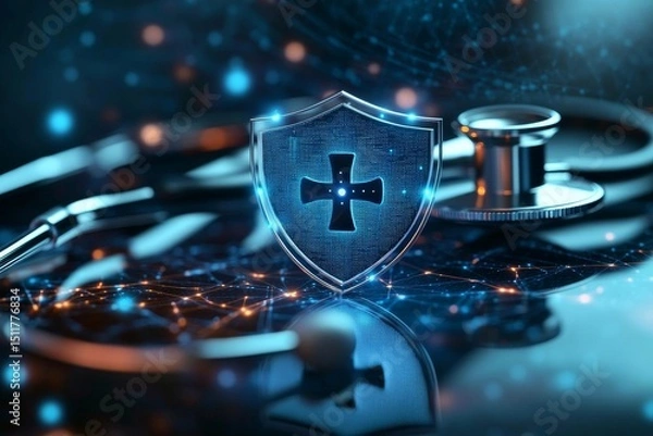 Fototapeta Digital Shield Protecting Stethoscope, Symbolizing Healthcare Data Security in a Digital World
