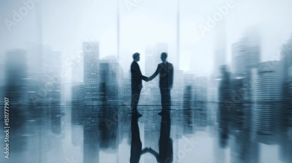 Obraz Two people shaking hands in a modern office with city view.