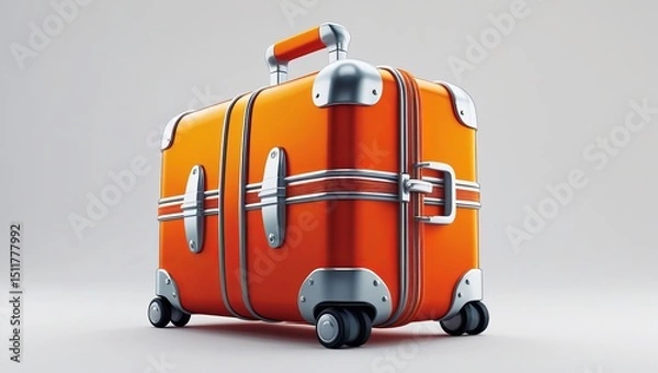 Obraz Stylish orange suitcase on wheels isolated on a white background ready for travel adventures