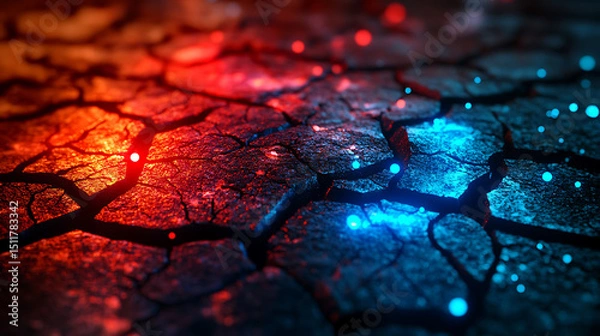 Obraz Glowing Cracked Earth Texture with Red and Blue Particles, Textarea 