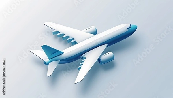 Fototapeta Modern 3d illustration of an airplane in blue and white on a light blue background