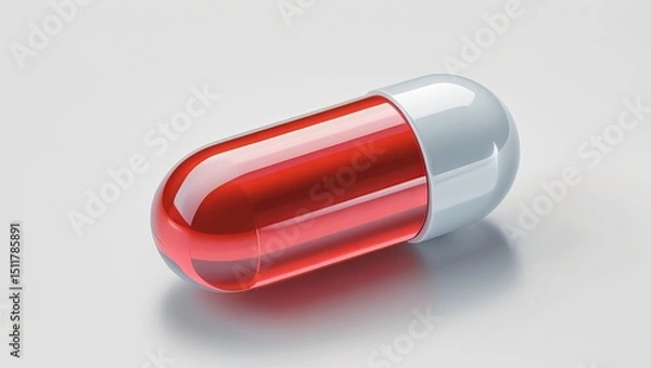 Obraz Red and white pharmaceutical capsule isolated on a soft white background with reflection