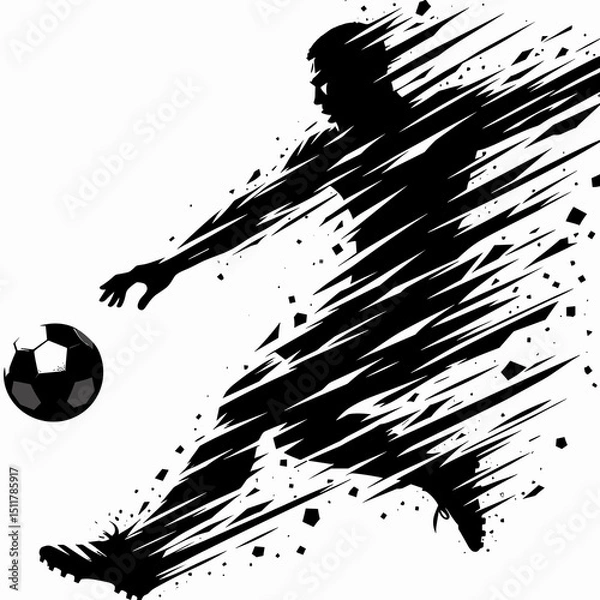 Obraz Black and white silhouette of football player kicking ball with dynamic motion