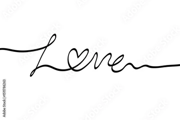 Fototapeta Love text with heart symbol in continuous line art