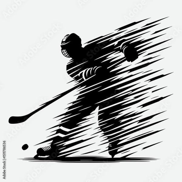 Obraz Black and white silhouette of hockey player skating with puck in motion