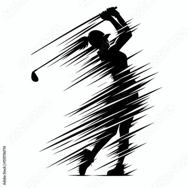 Obraz Black and white silhouette of female golfer swinging club with motion effect