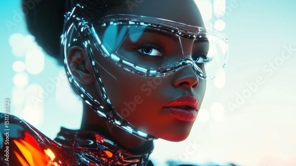 Fototapeta Close-up portrait of a futuristic Black woman wearing transparent goggles.
