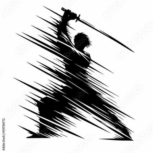 Obraz Black and white silhouette of warrior jumping with sword in attack motion
