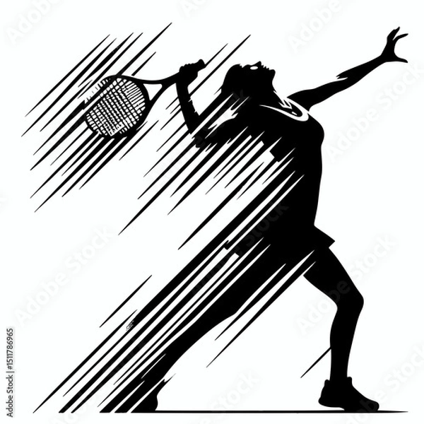 Obraz Black and white silhouette of female tennis player serving ball with motion effect