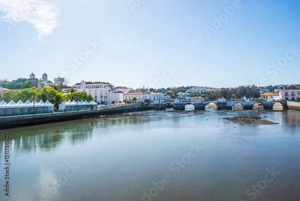Fototapeta Landscape of the city of Tavira with Gilão river and Ancient (Roman) bridge, PORTUGAL