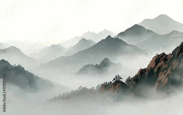 Obraz Abstract Foggy Mountain Landscape: Minimalist Ink Vector Illustration with Left White Space, Serene Soft Lighting