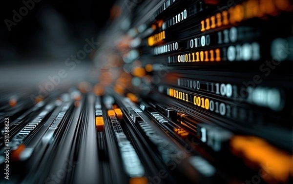 Obraz Abstract Digital Space with Glowing Binary Code and Orange Highlights Emphasizing AI for Sci-Fi Futuristic Tech Backgrounds
