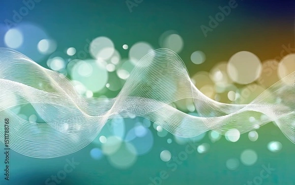 Obraz Abstract Blue-Green Gradient Background with White Wavy Lines, Soft Light Halos and Geometric Blur Effects for Depth Visualization