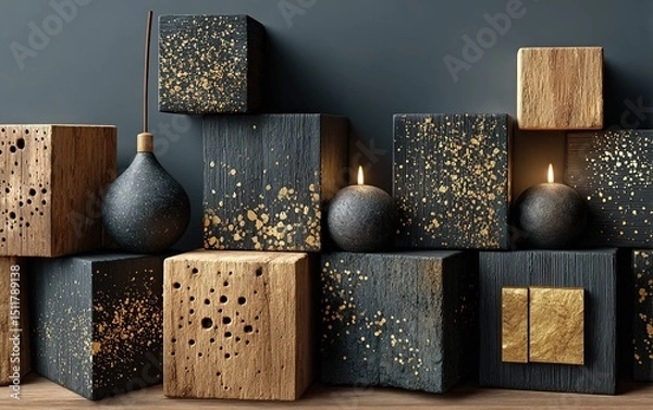 Obraz Black-Gold Geometric Background with Wood Texture and Starry Pattern, Premium Minimalist Design Material